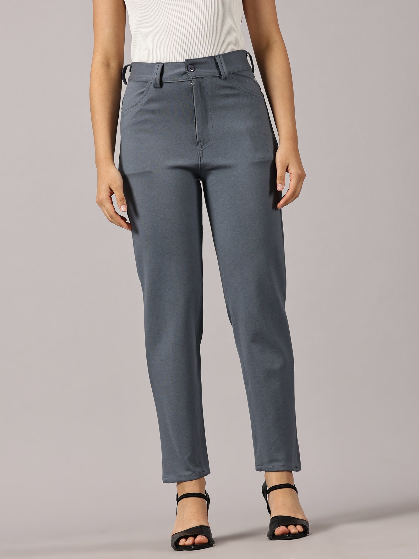 German grey solid four pocket stretchable trousers