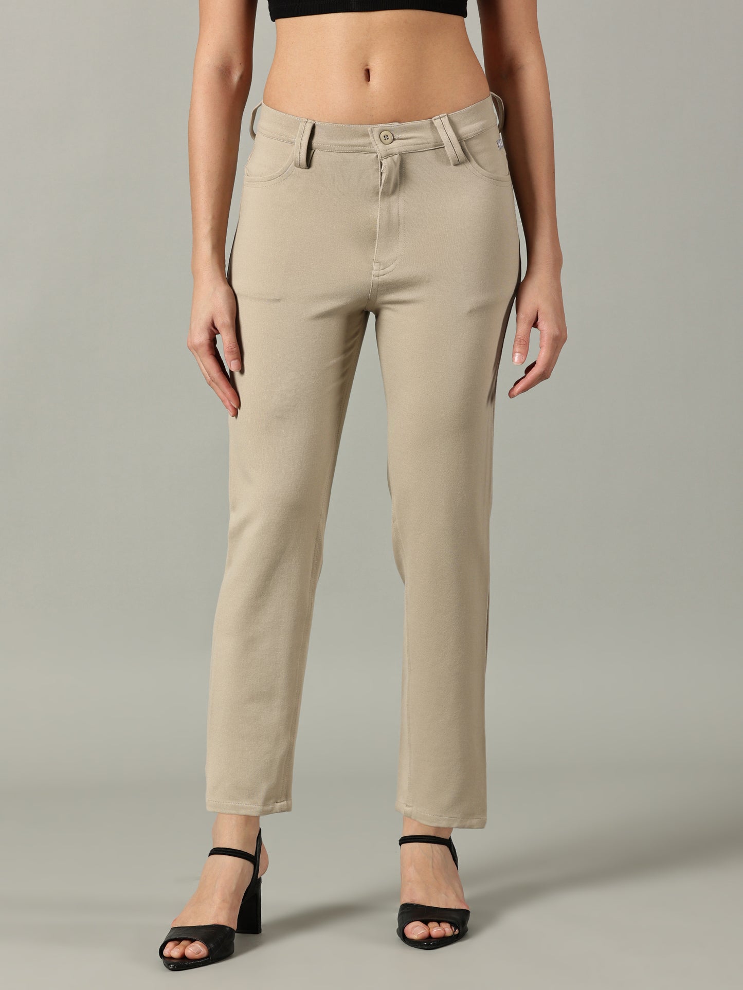 Beige Solid Four Pocket Stretchable Trousers