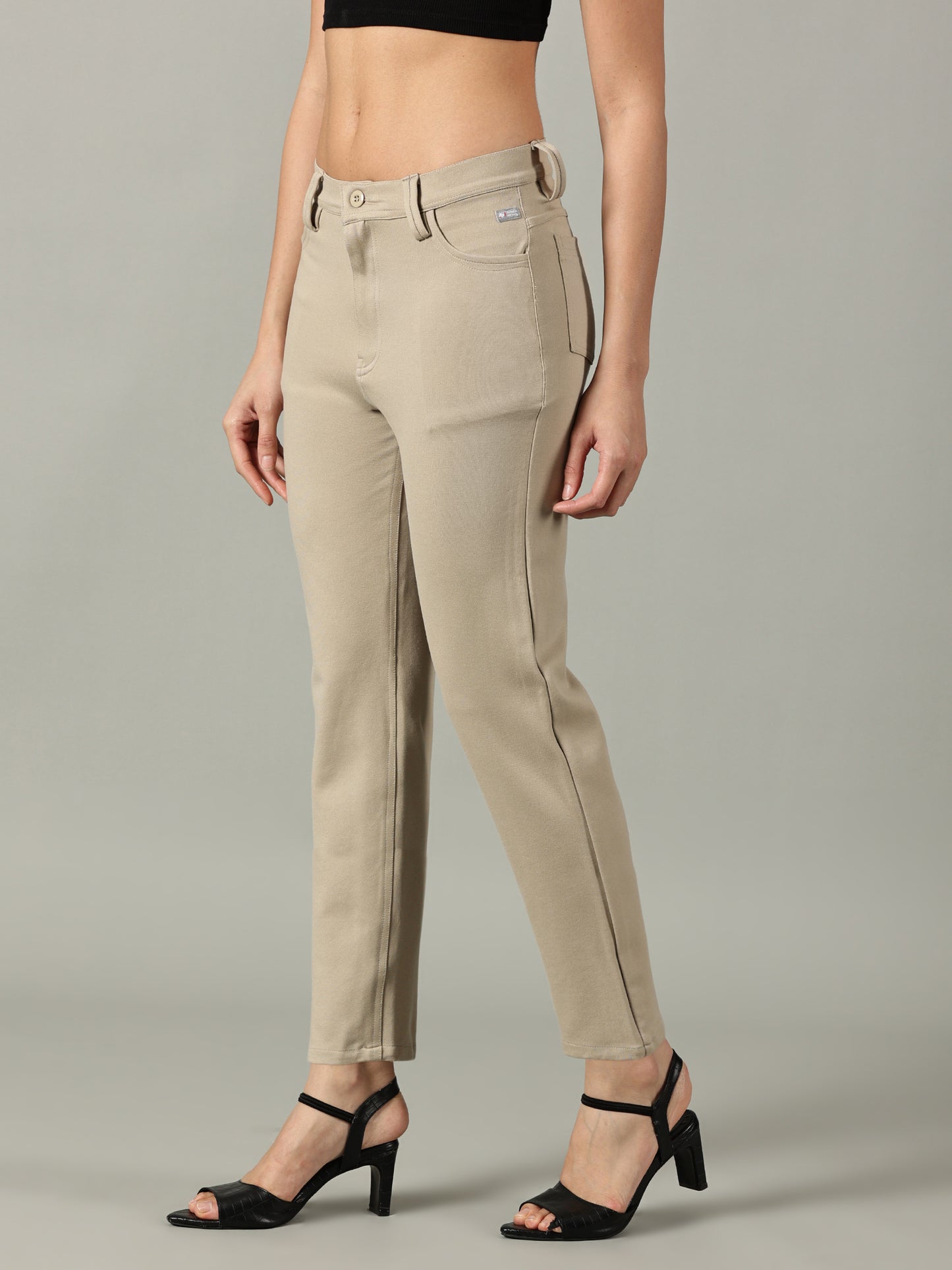 Beige Solid Four Pocket Stretchable Trousers