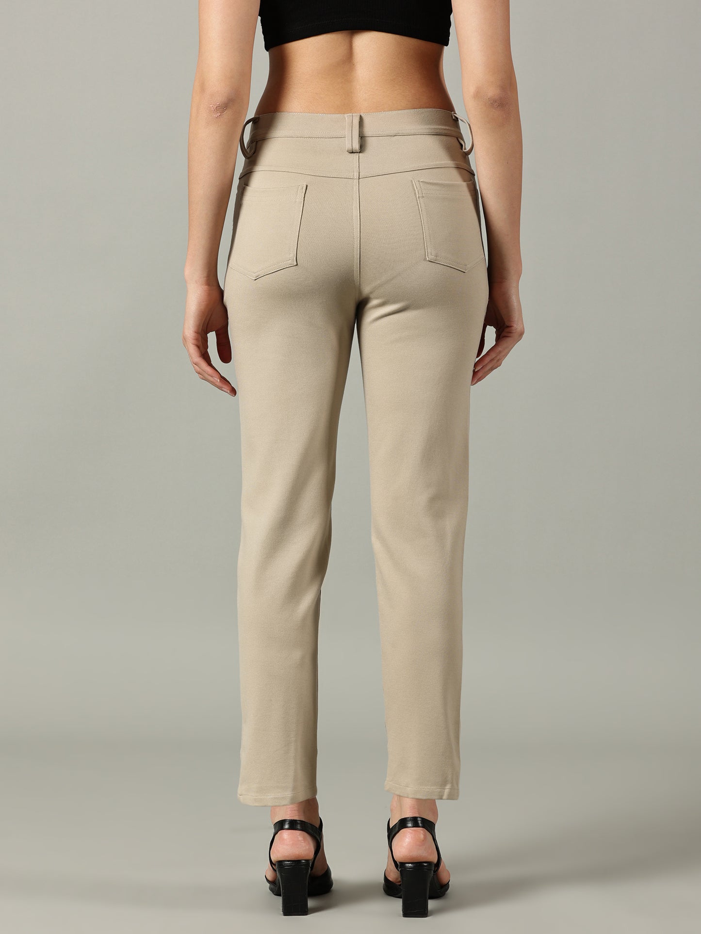 Beige Solid Four Pocket Stretchable Trousers
