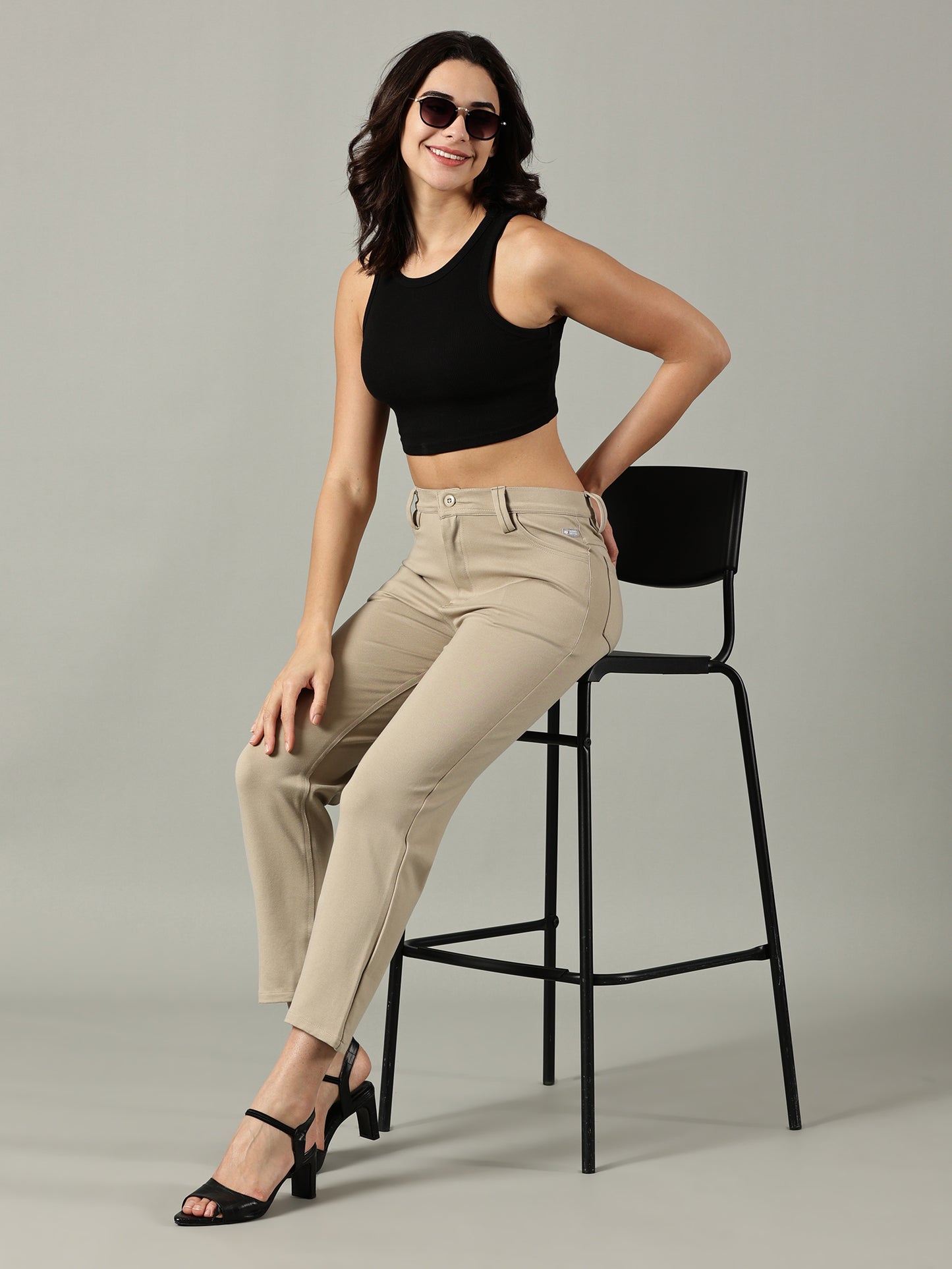 Beige Solid Four Pocket Stretchable Trousers