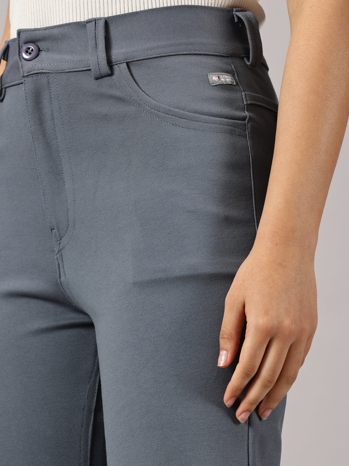 German grey solid four pocket stretchable trousers