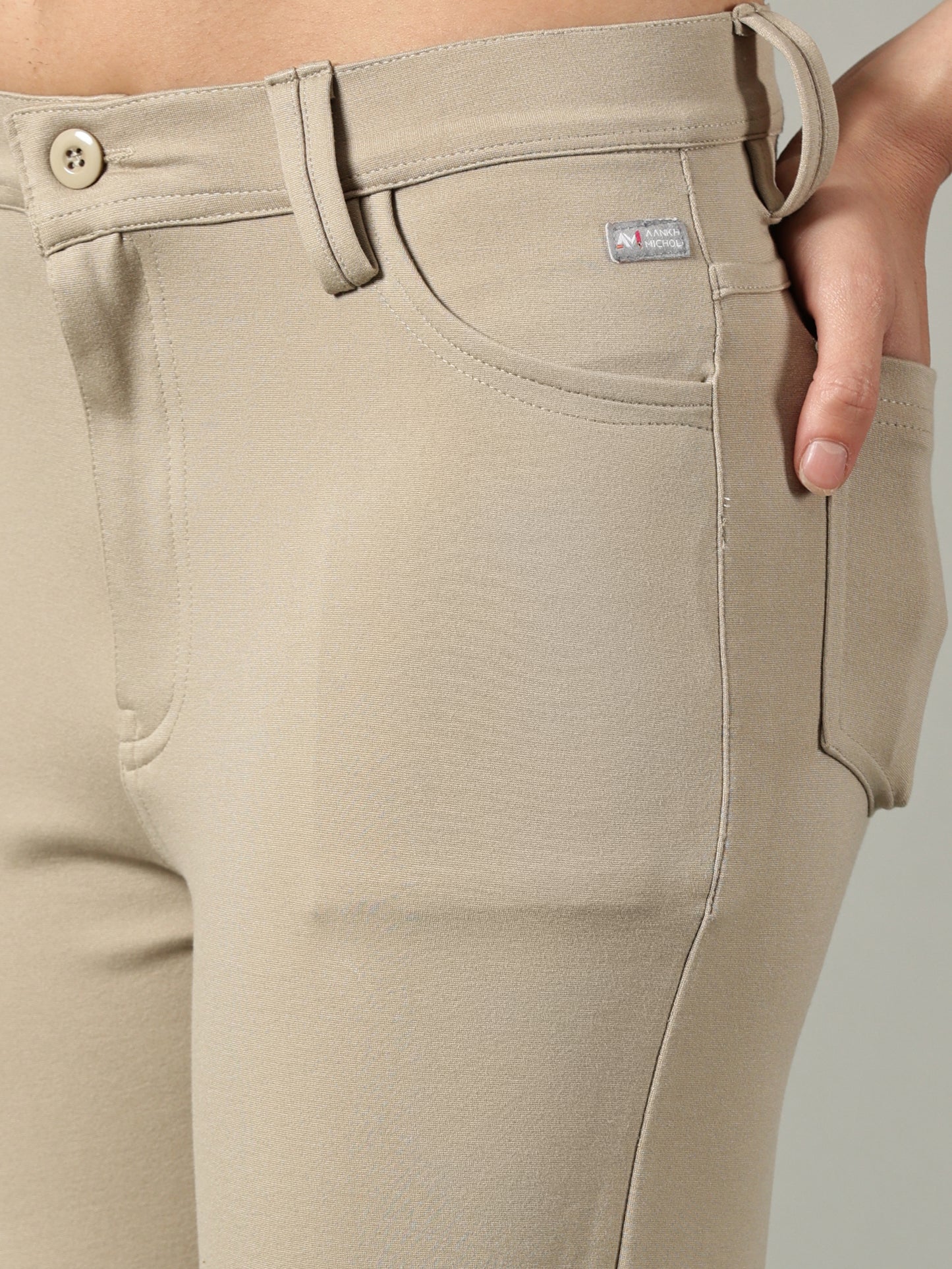 Beige Solid Four Pocket Stretchable Trousers