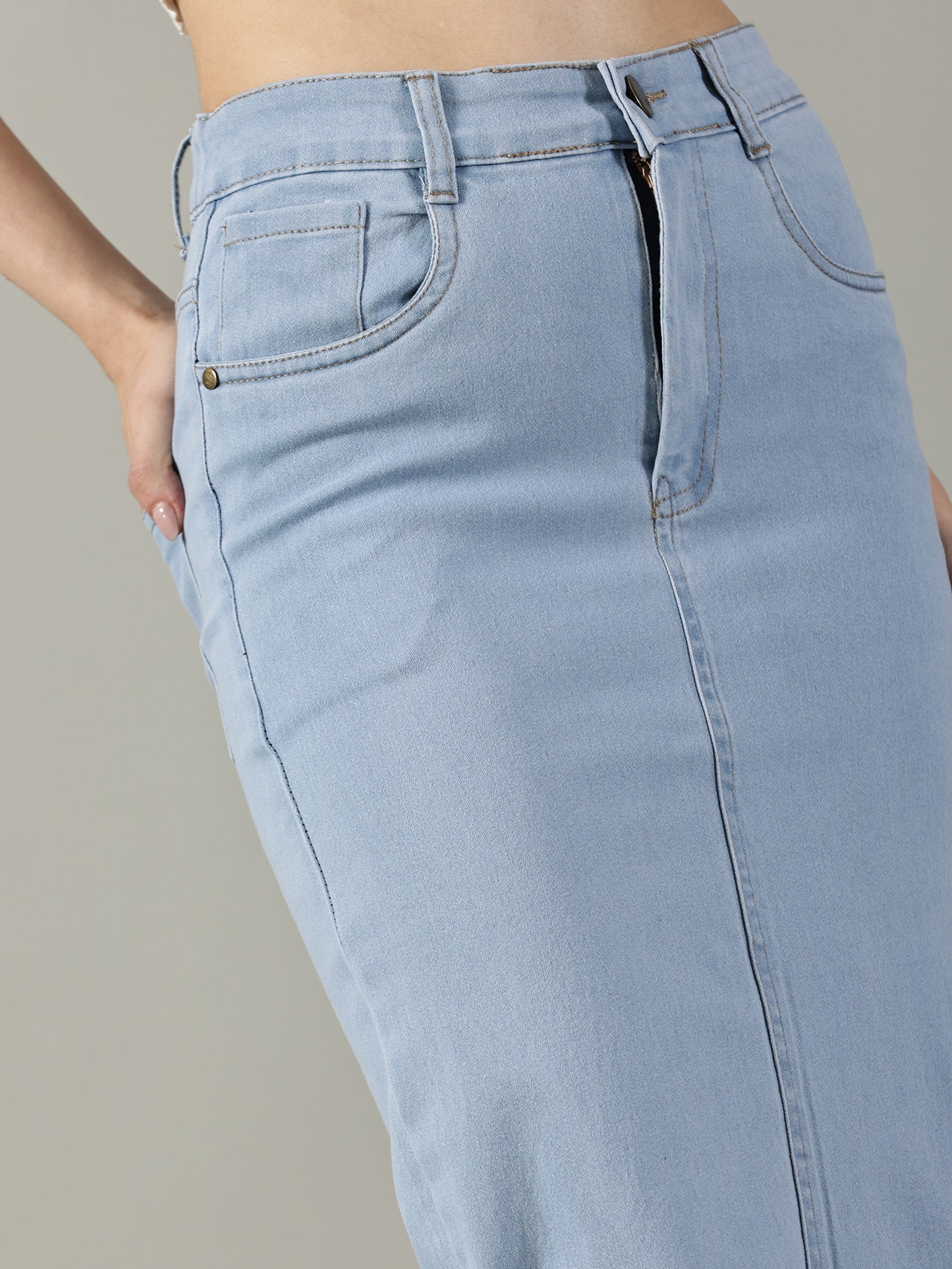 Sky Blue Denim Midi Skirt
