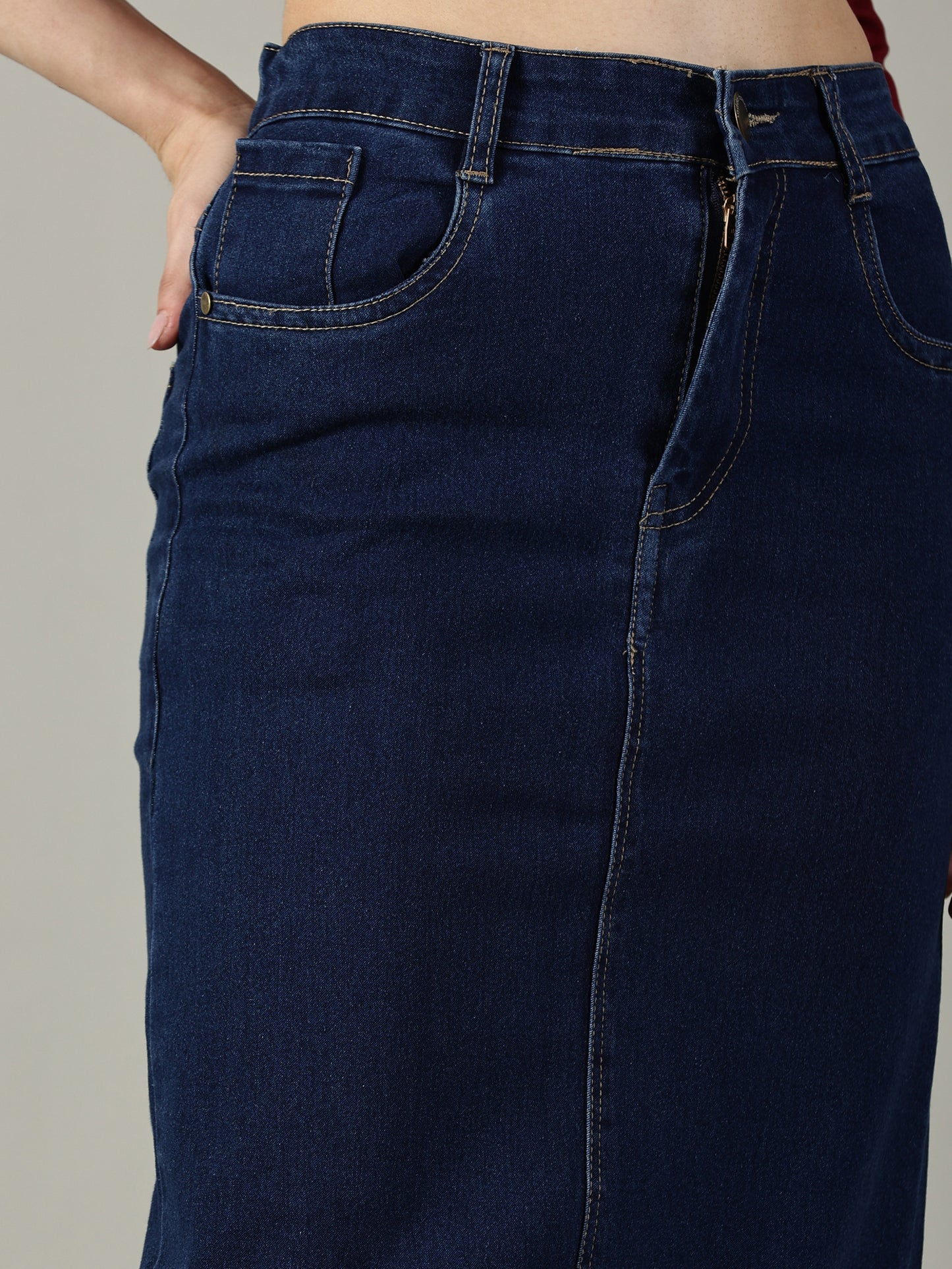 Navy Blue Denim Midi Skirt