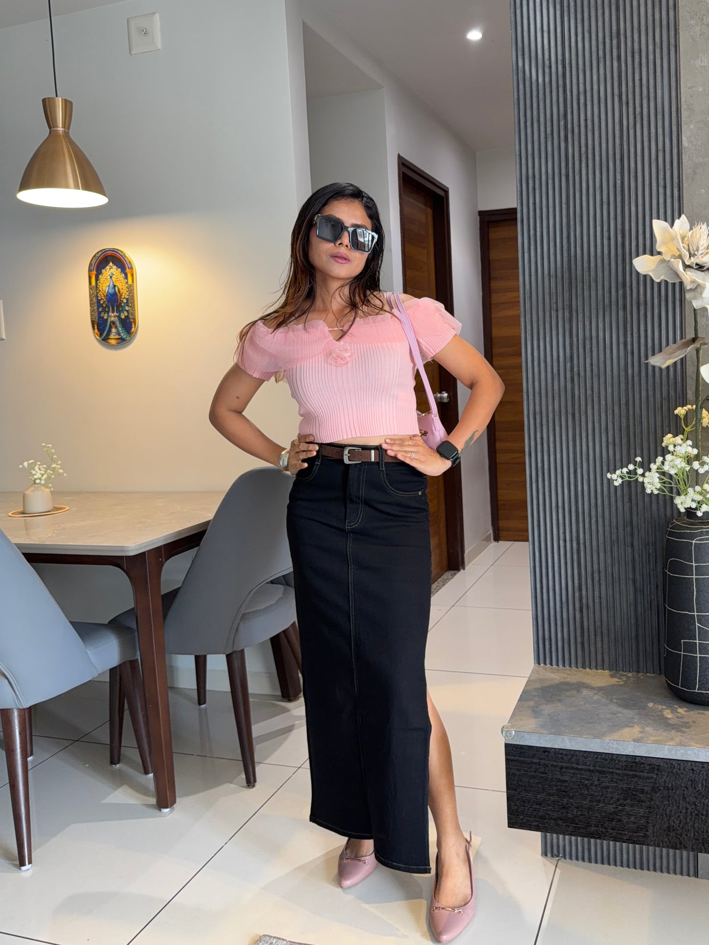 Black Denim Midi Skirt