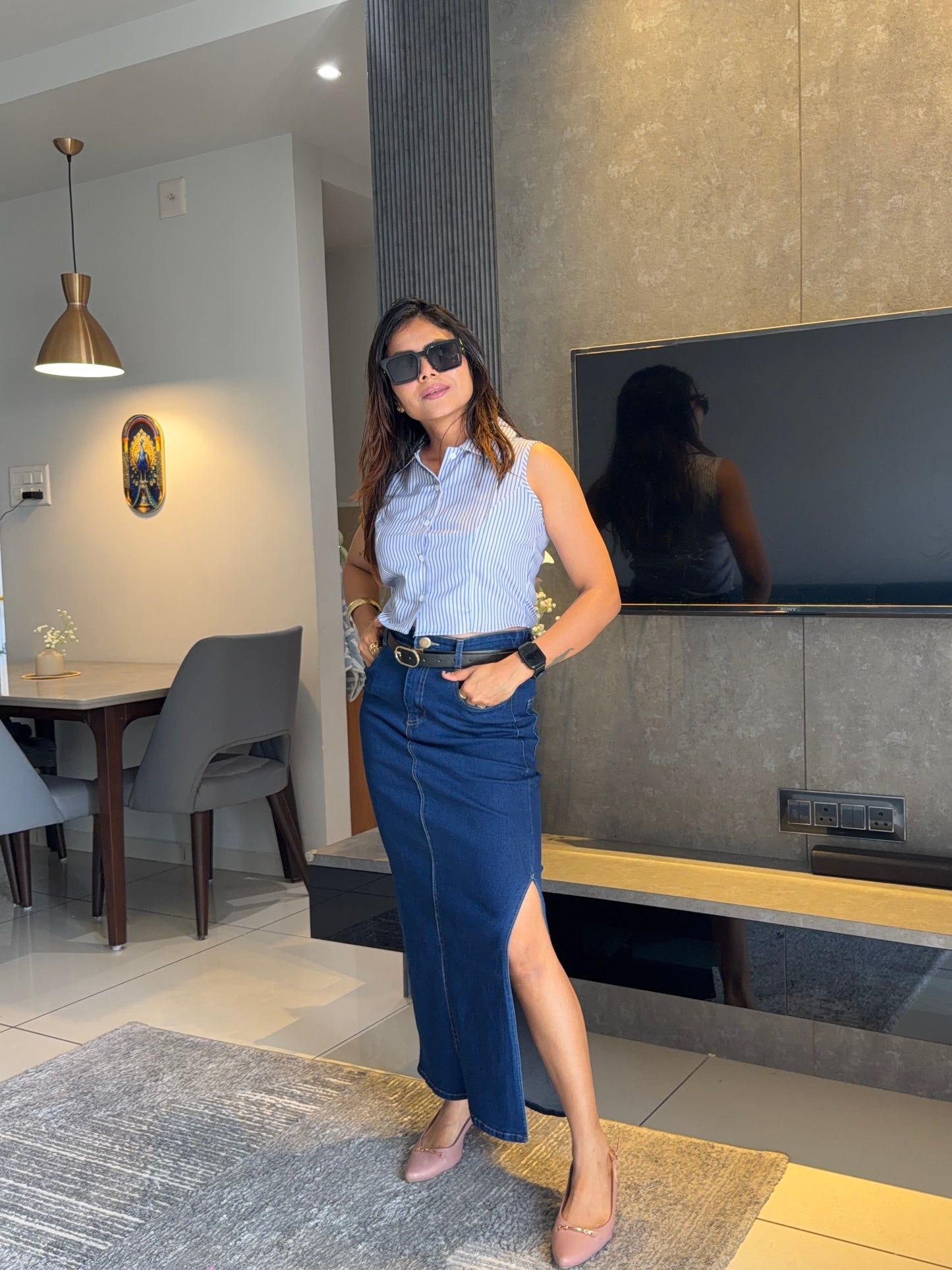 Navy Blue Denim Midi Skirt