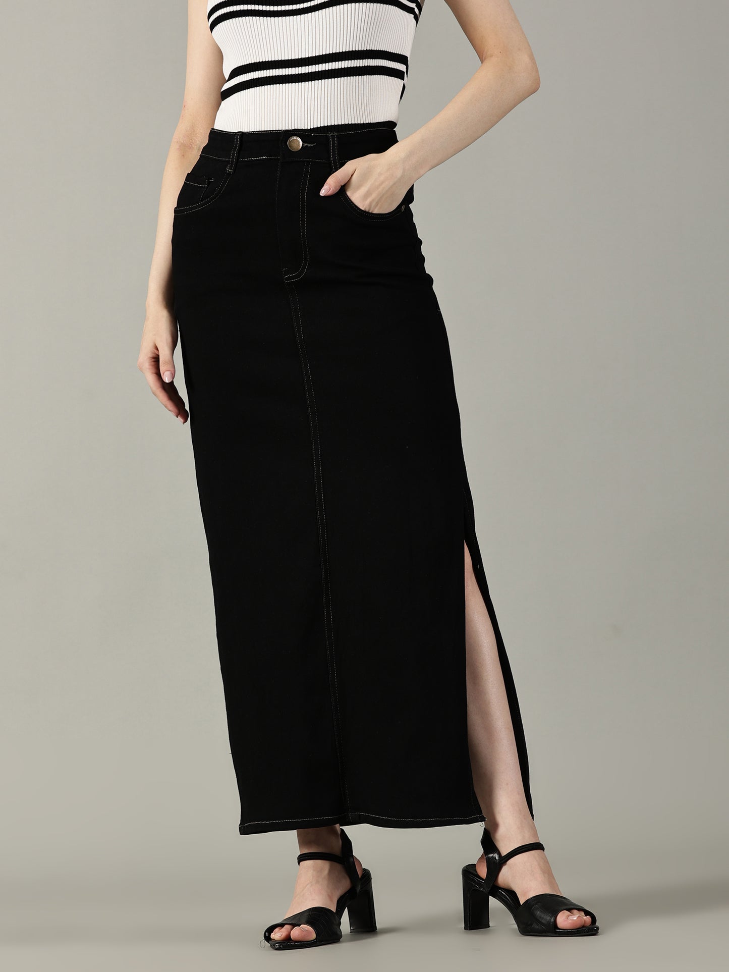 Black Denim Midi Skirt