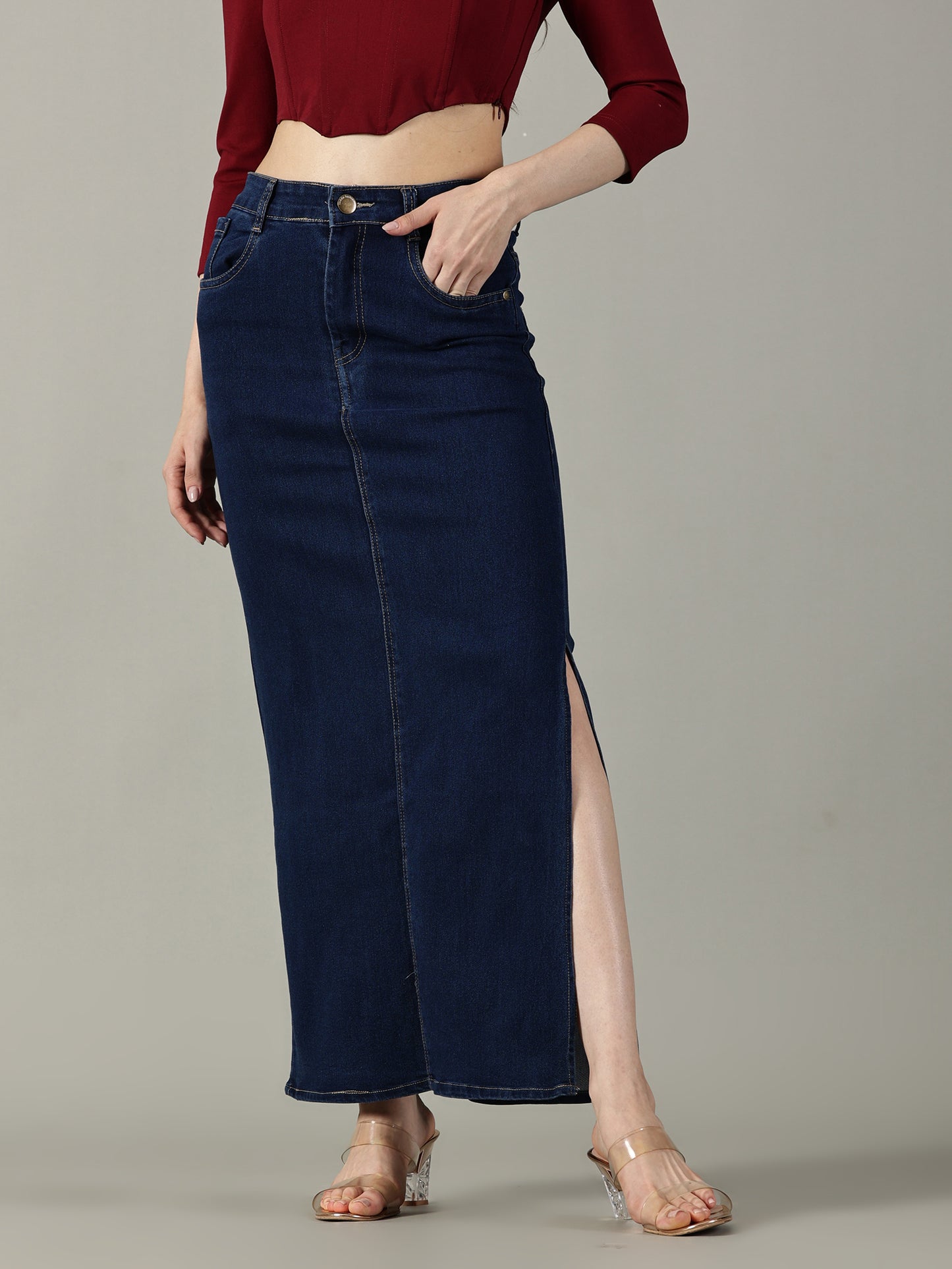 Navy Blue Denim Midi Skirt