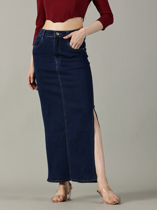 Navy Blue Denim Midi Skirt