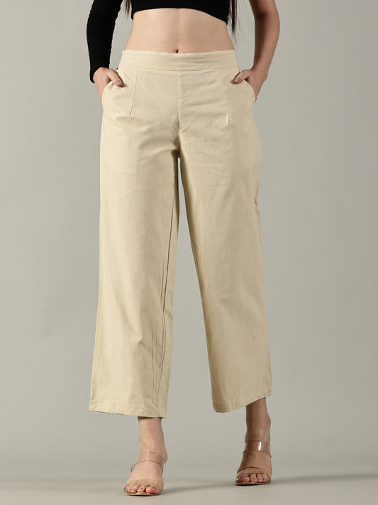 Beige Cotton Wide-Leg Pants
