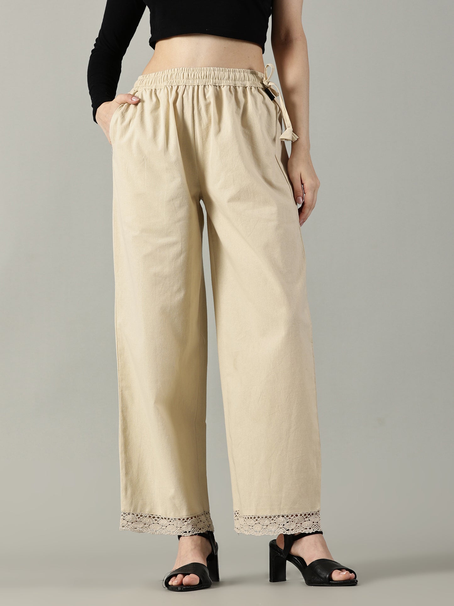 Beige White Cotton Crochet Palazzo