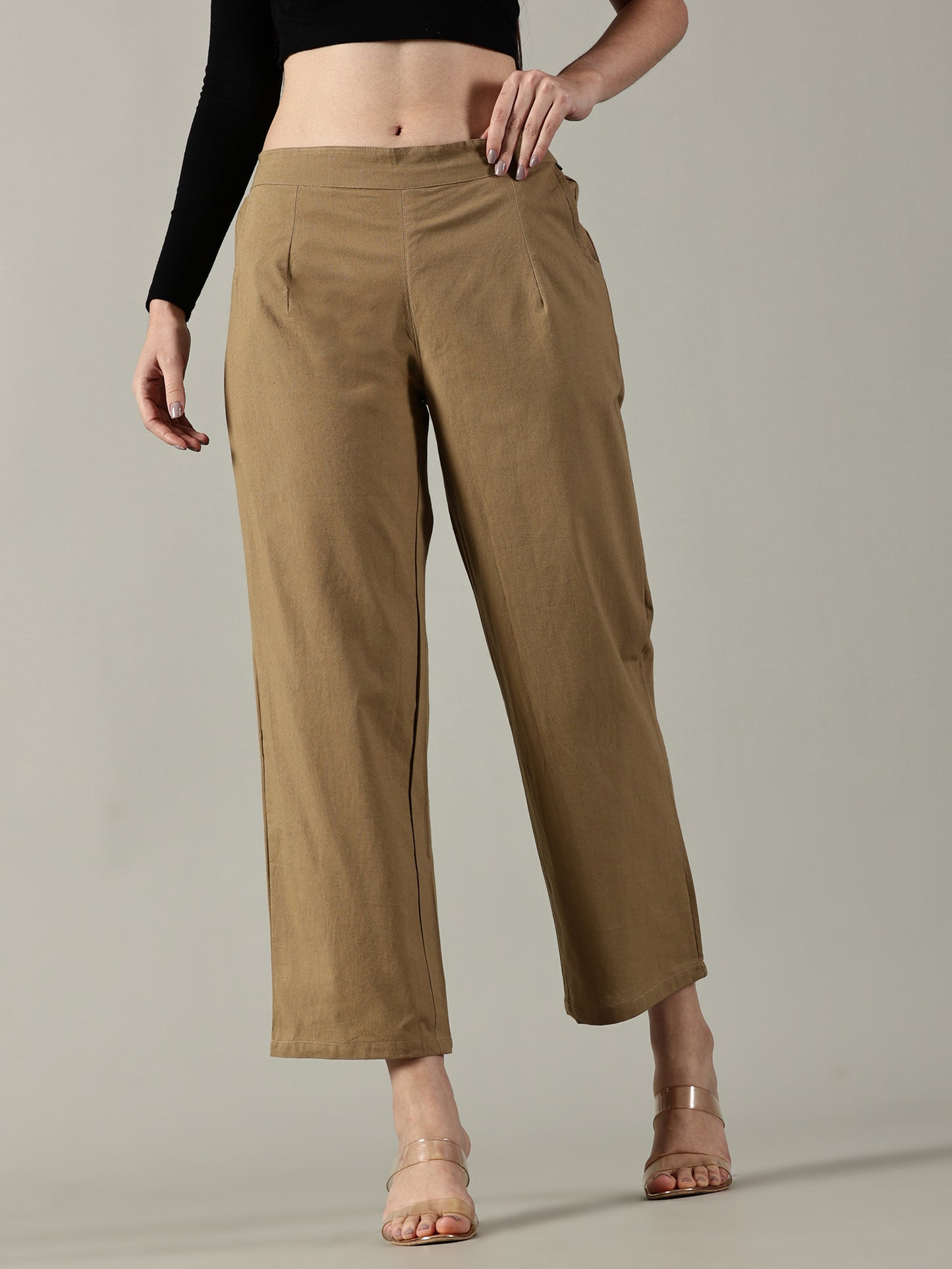 Light Brown Cotton Wide-Leg Pants