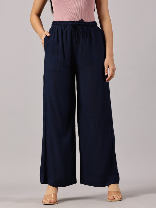 Navy Solid Slub Palazzos