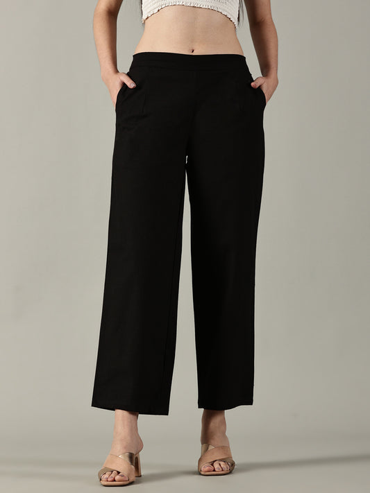 Black Cotton Wide-Leg Pants