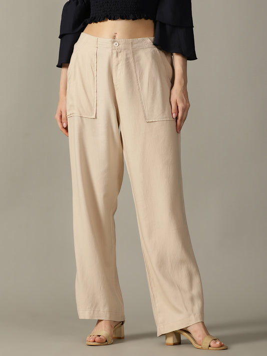Light Beige Wide Leg Linen Trousers