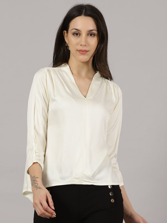 Cream V-Neck Viscose Top
