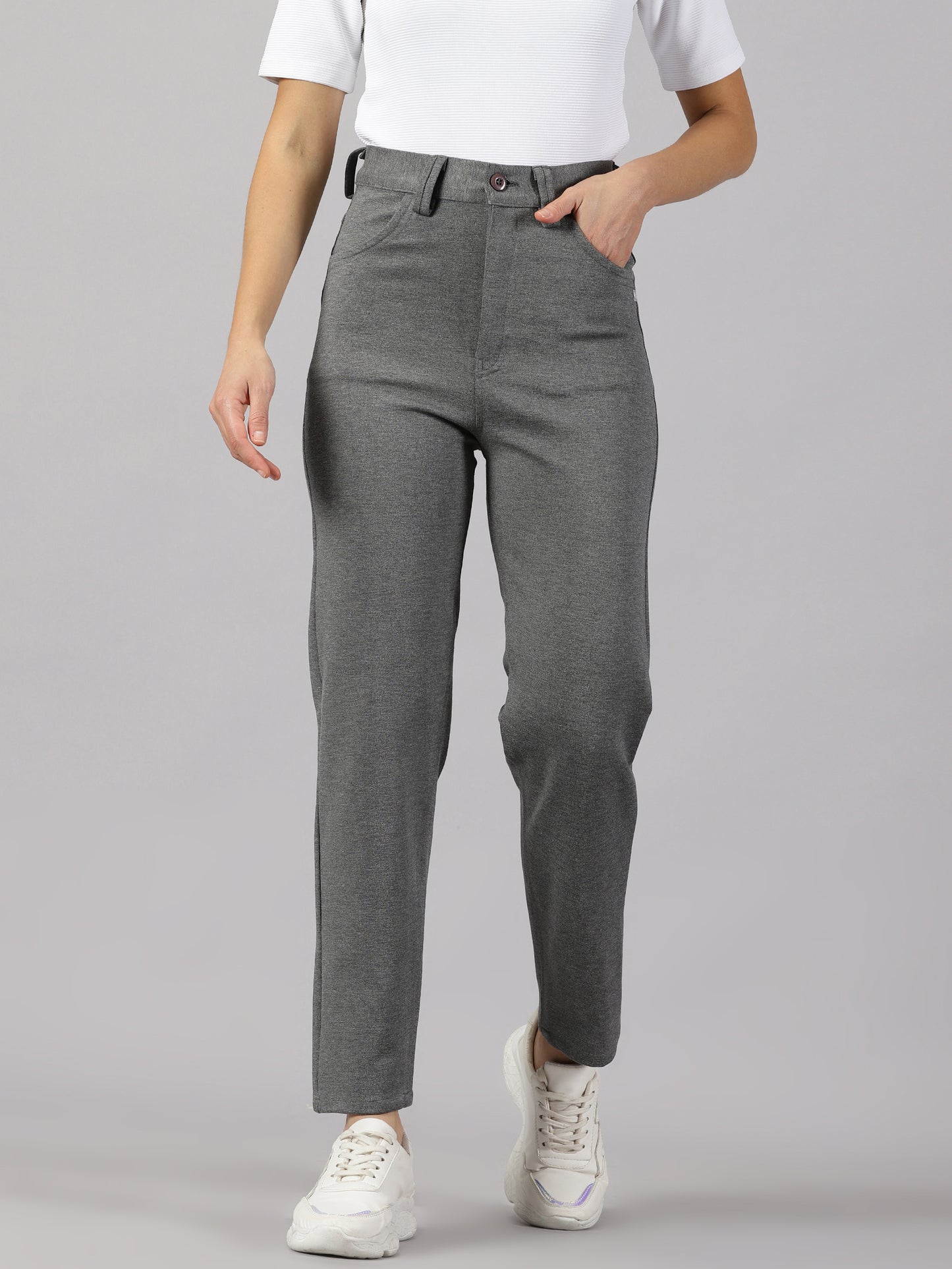 Textured grey solid four pocket stretchable trousers