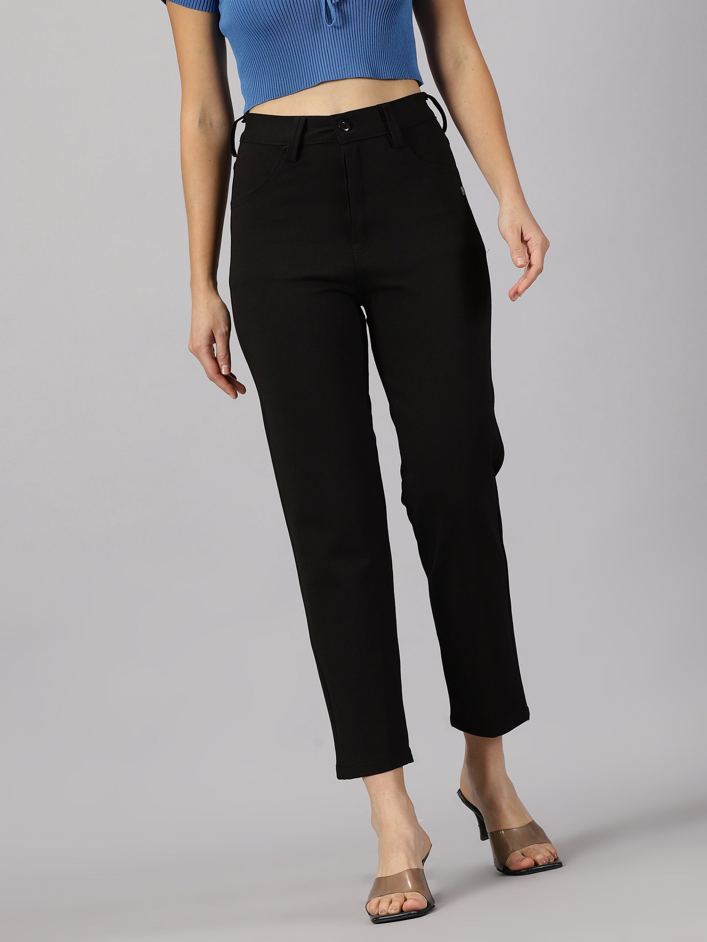 Black Solid four pocket stretchable trousers
