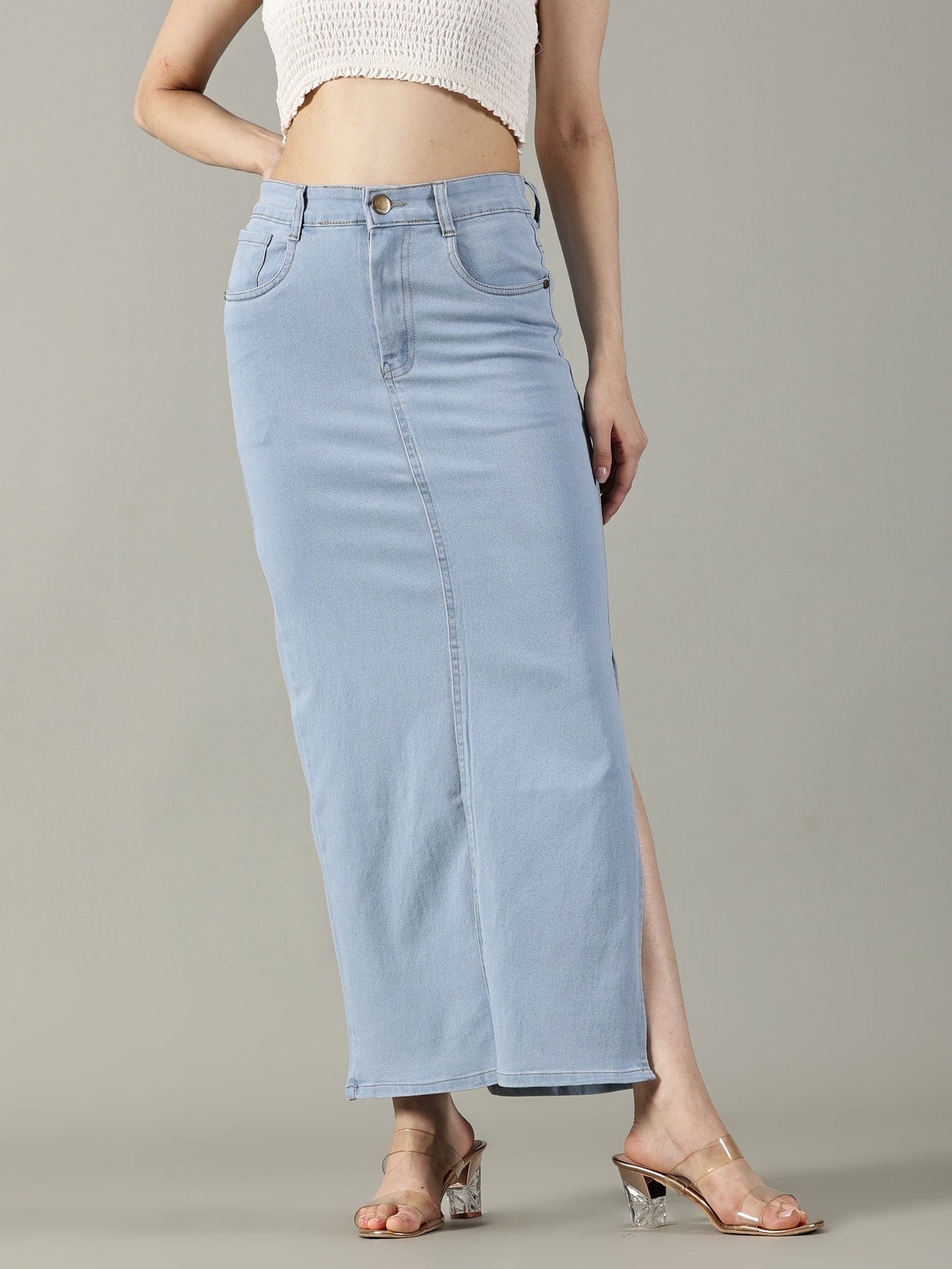 Sky Blue Denim Midi Skirt