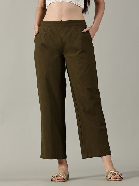 Olive Cotton Wide-Leg Pants