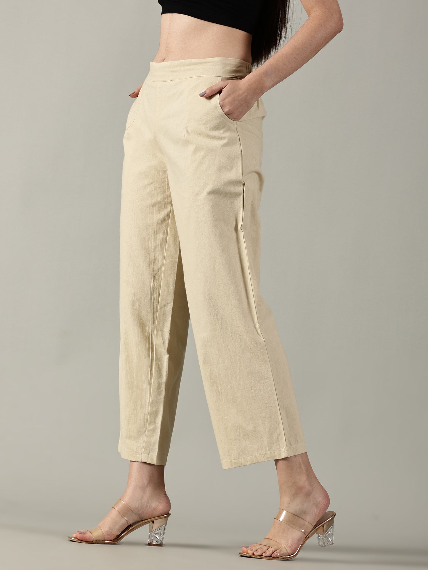 Beige Cotton Wide-Leg Pants
