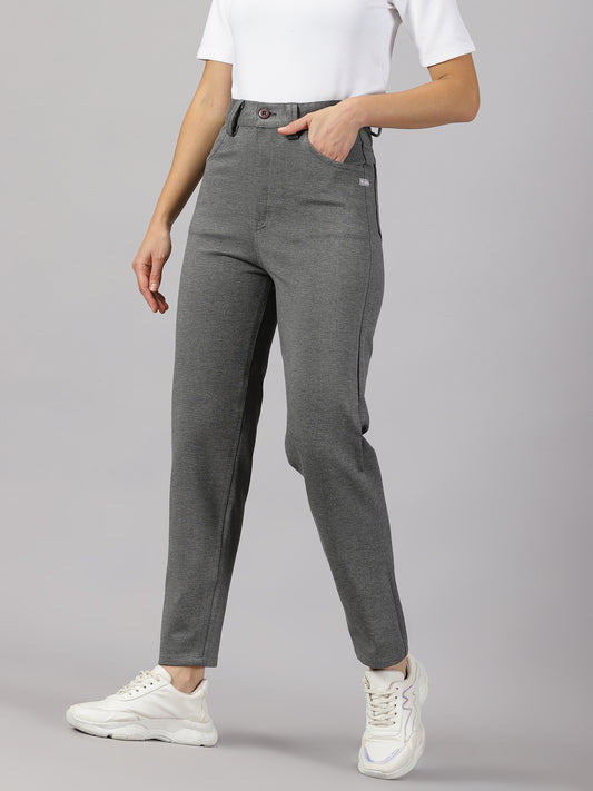 Textured grey solid four pocket stretchable trousers