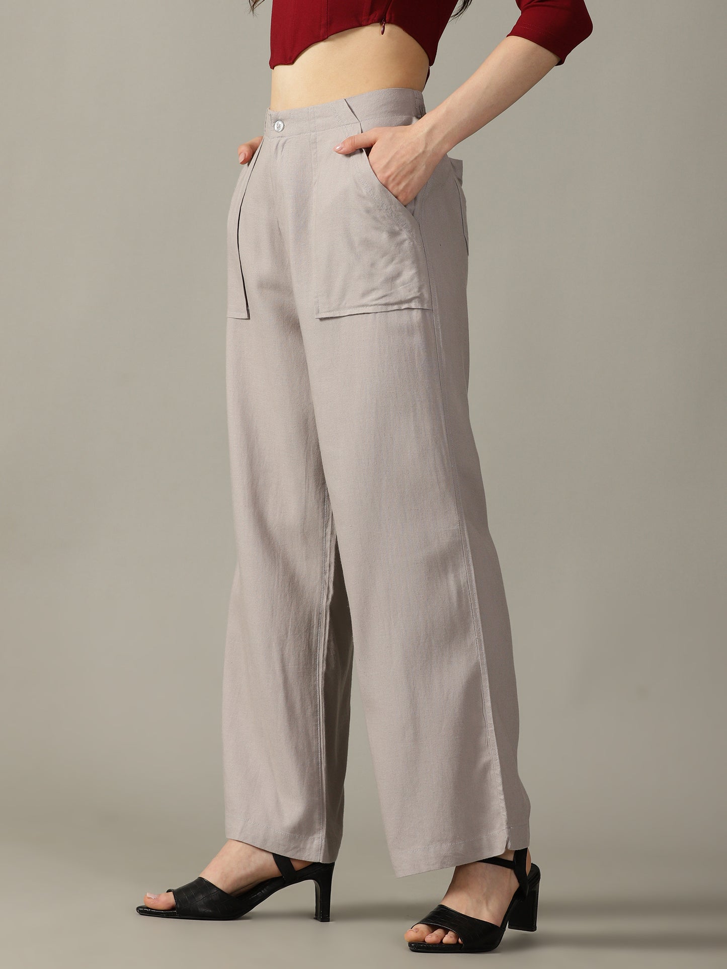 Light Grey Wide Leg Linen Trousers