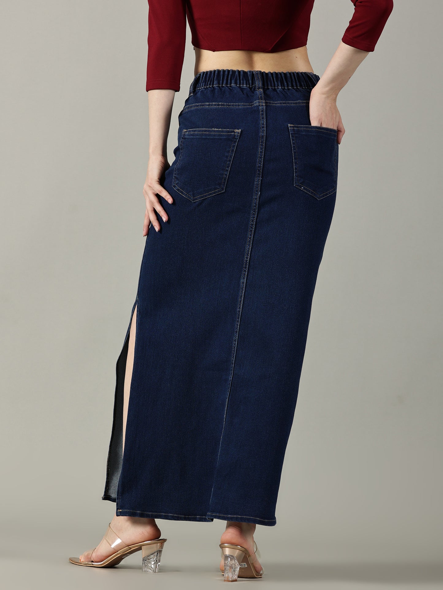 Navy Blue Denim Midi Skirt