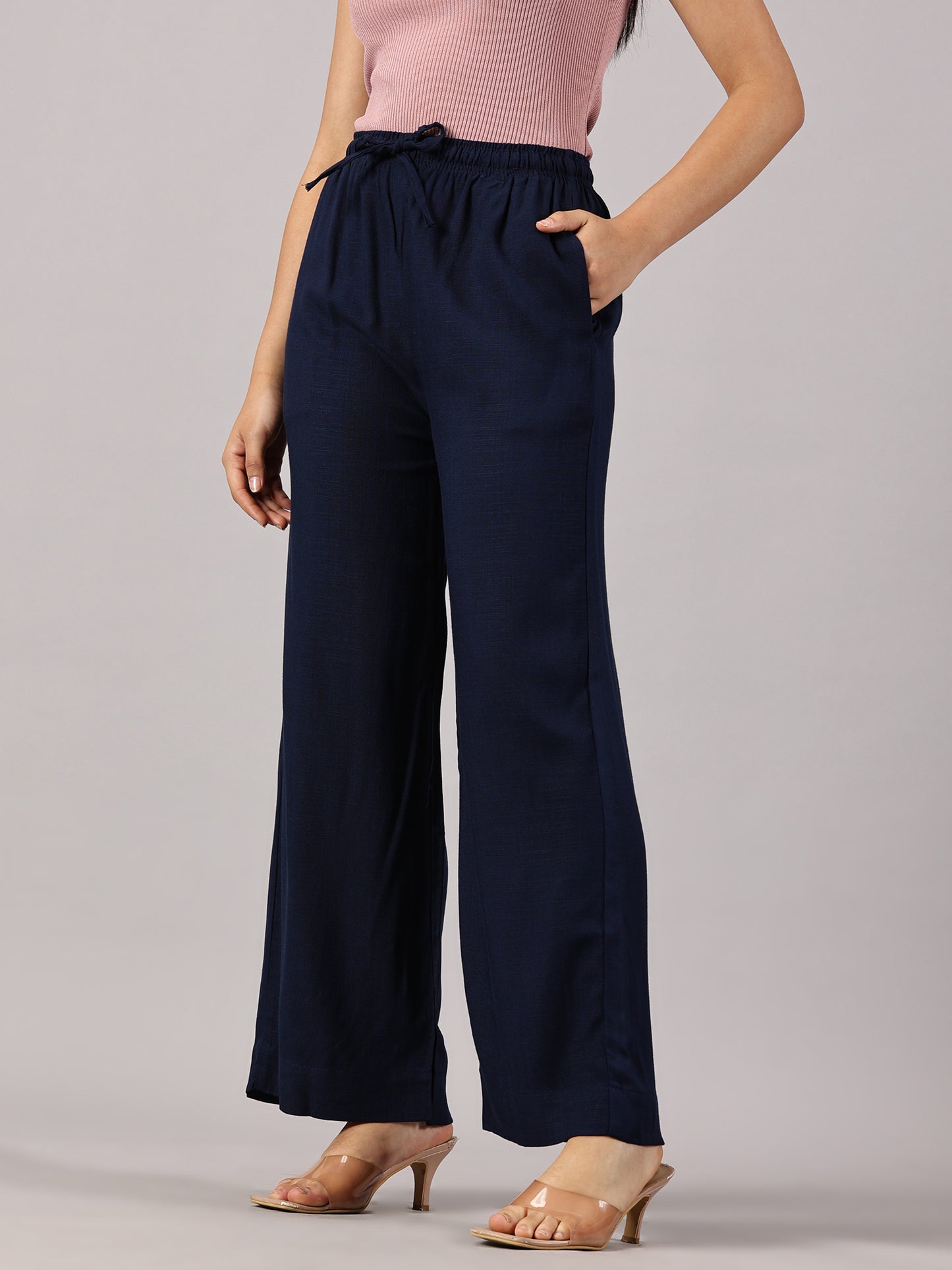 Navy Solid Slub Palazzos