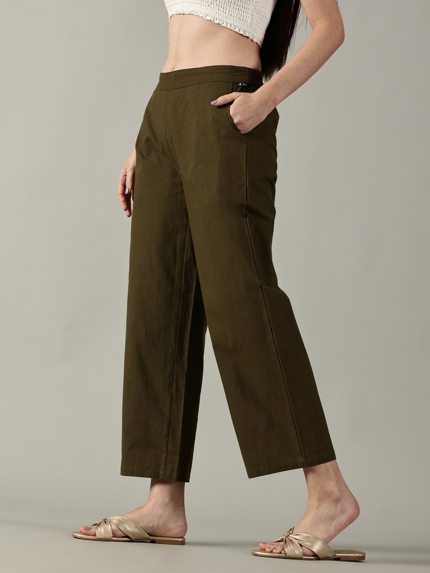 Olive Cotton Wide-Leg Pants