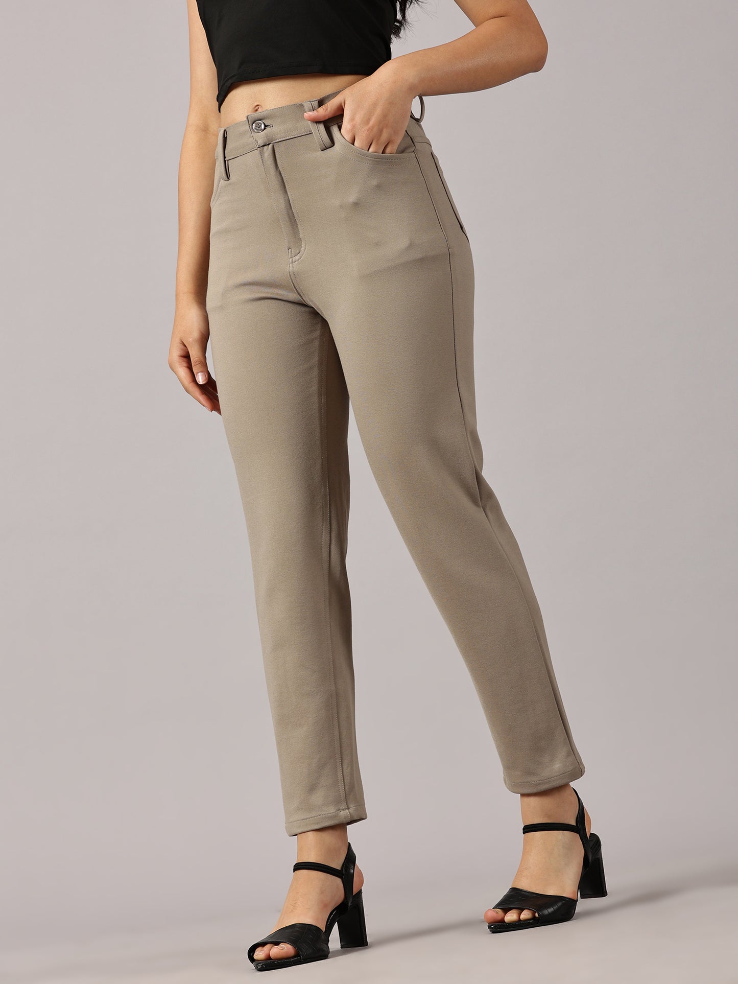 Dark beige solid four pocket stretchable trousers