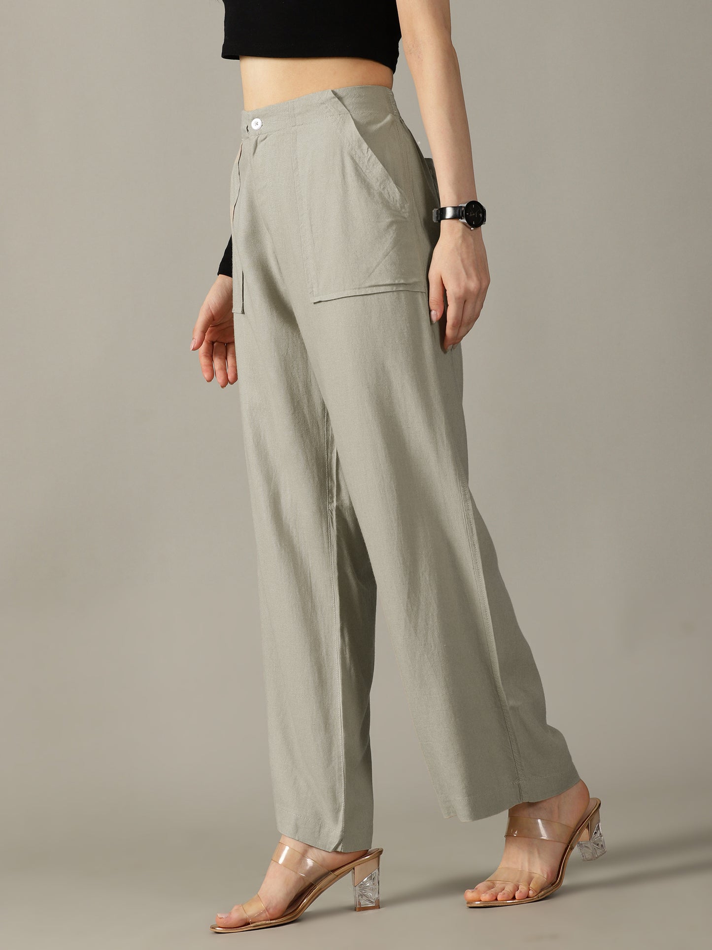 Tea Green Wide Leg Linen Trousers