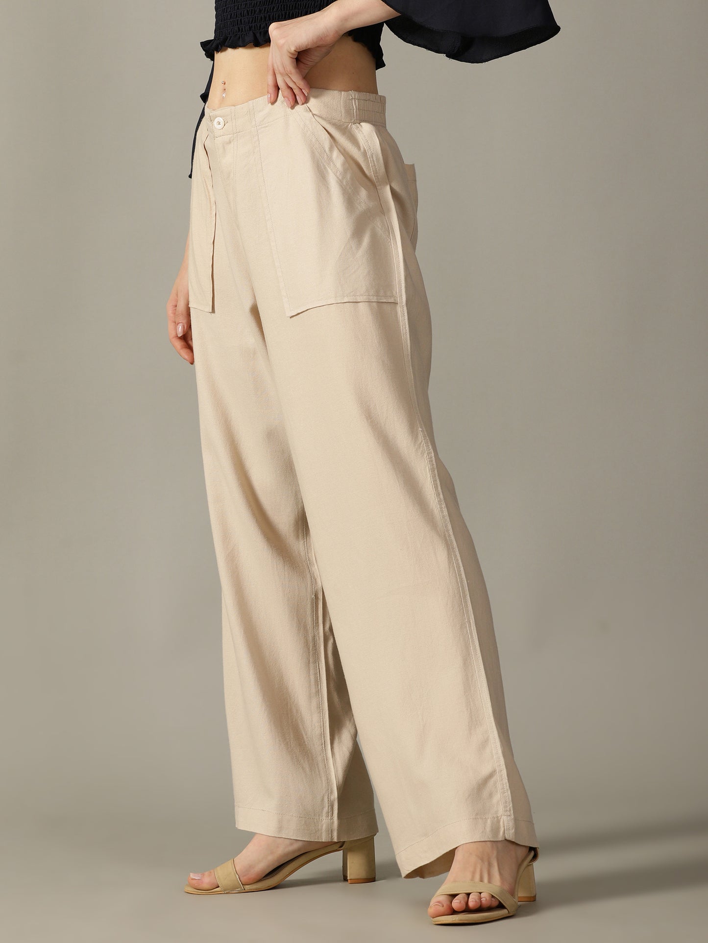 Light Beige Wide Leg Linen Trousers