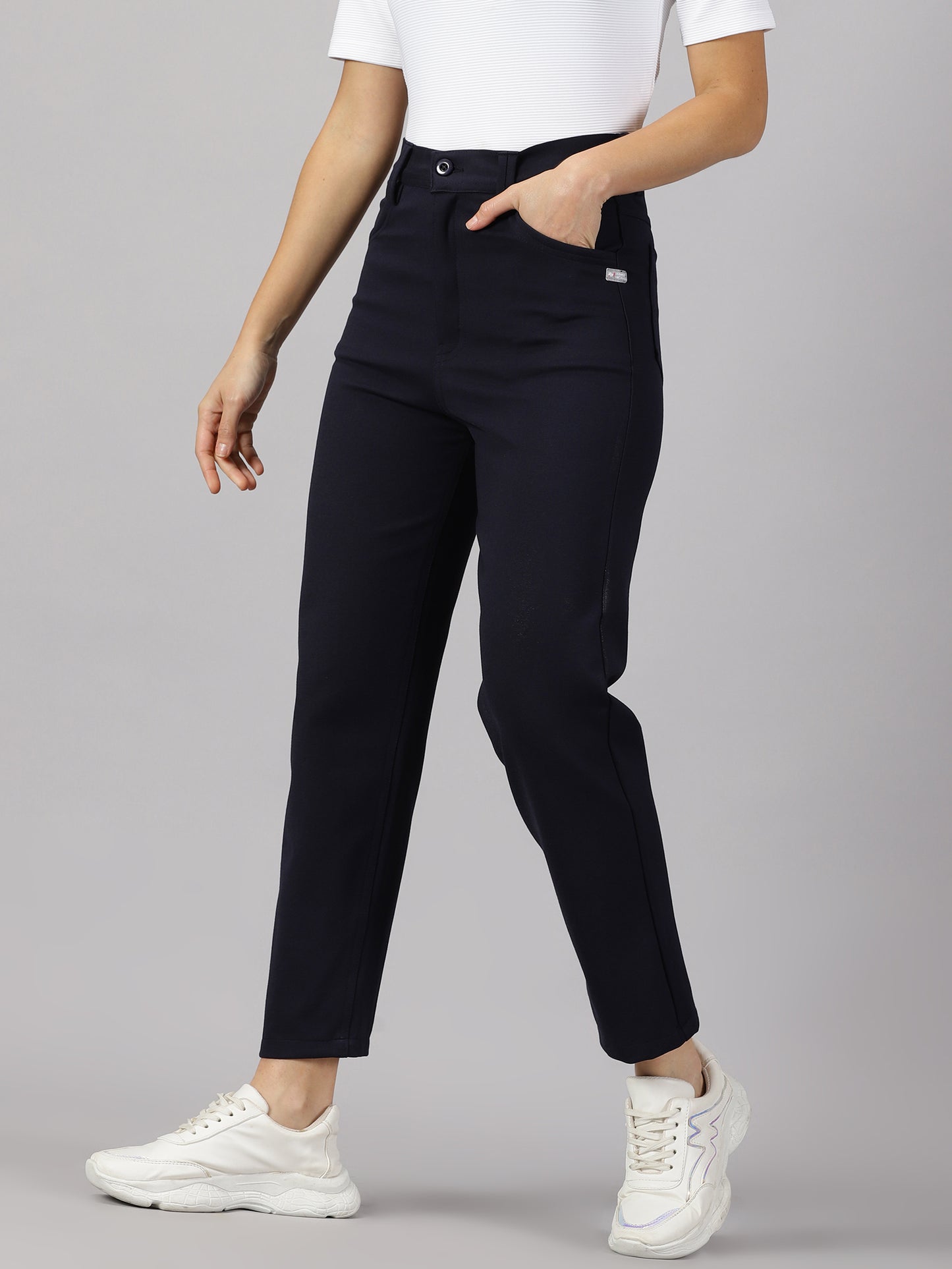 Navy solid four pocket stretchable trousers