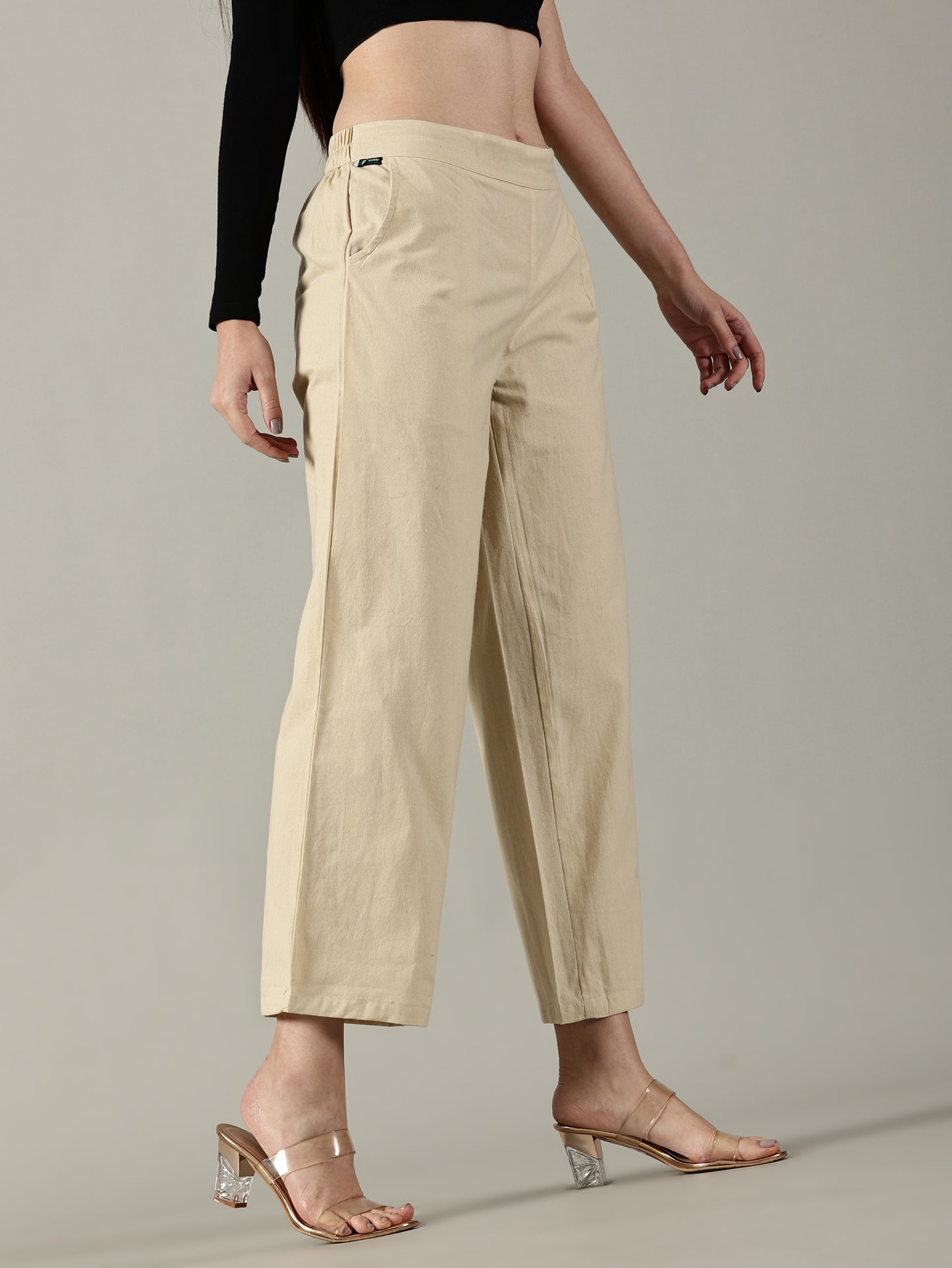 Beige Cotton Wide-Leg Pants