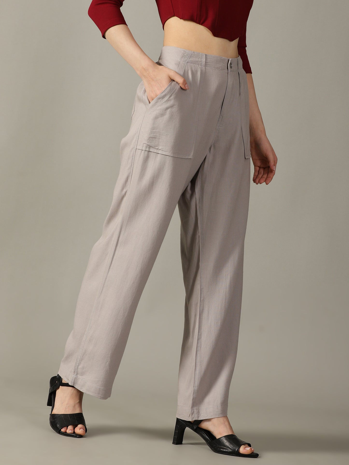 Light Grey Wide Leg Linen Trousers