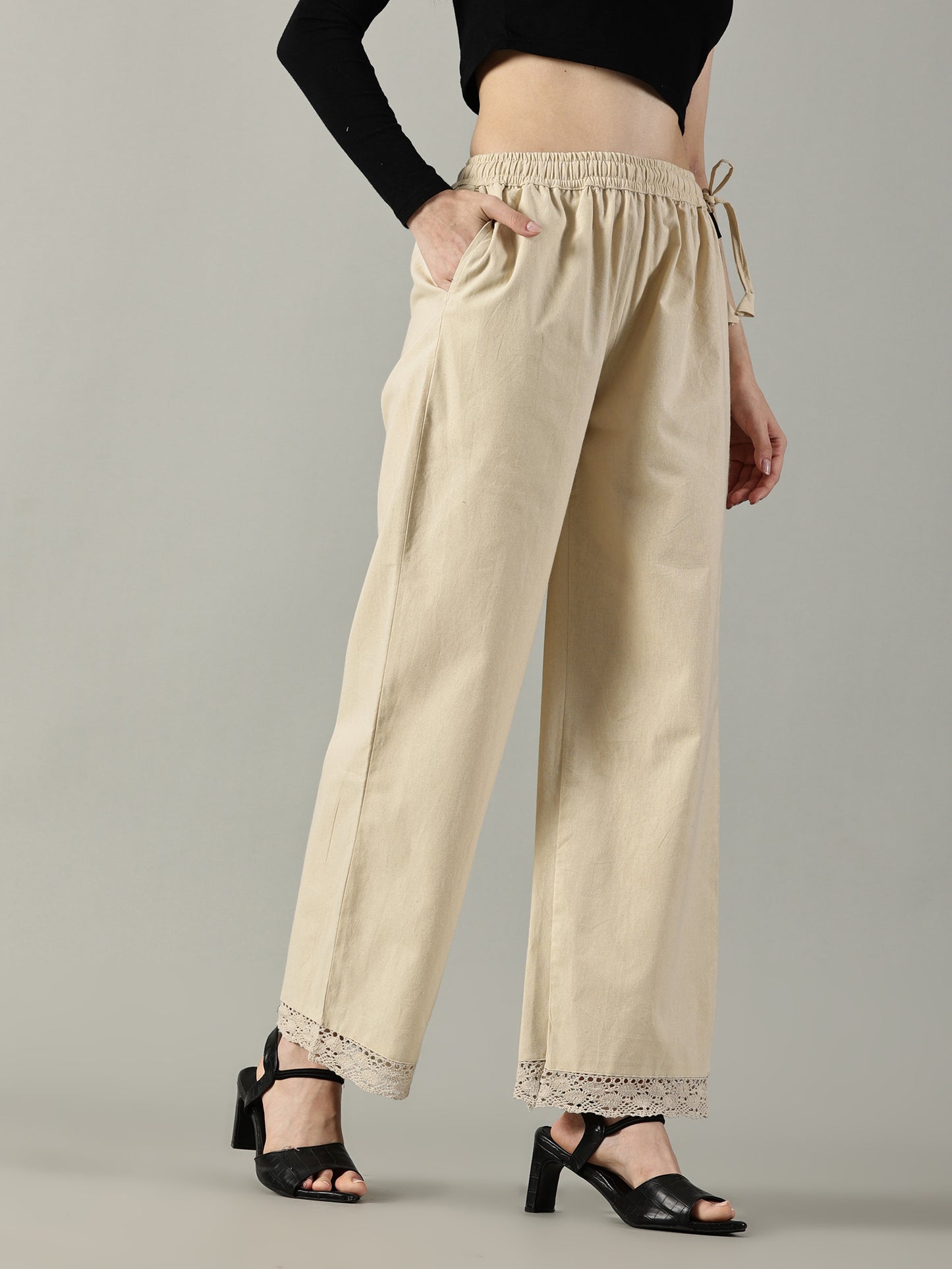Beige White Cotton Crochet Palazzo