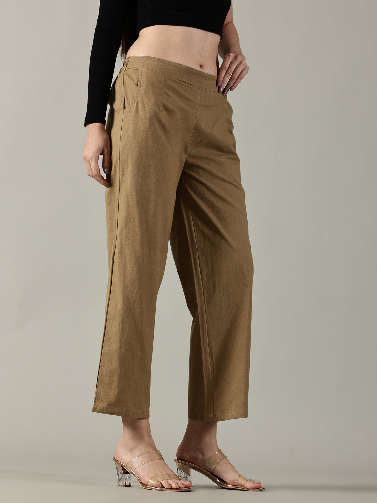 Light Brown Cotton Wide-Leg Pants