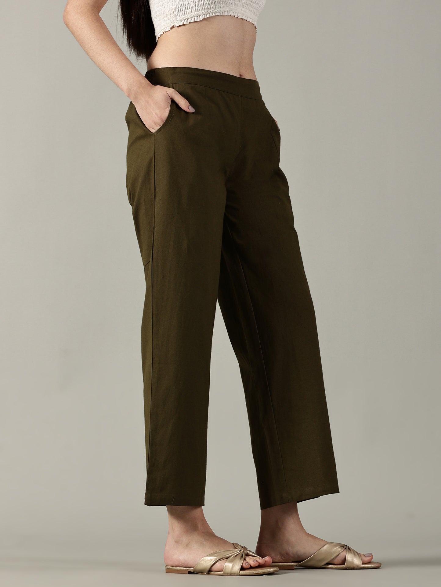 Olive Cotton Wide-Leg Pants
