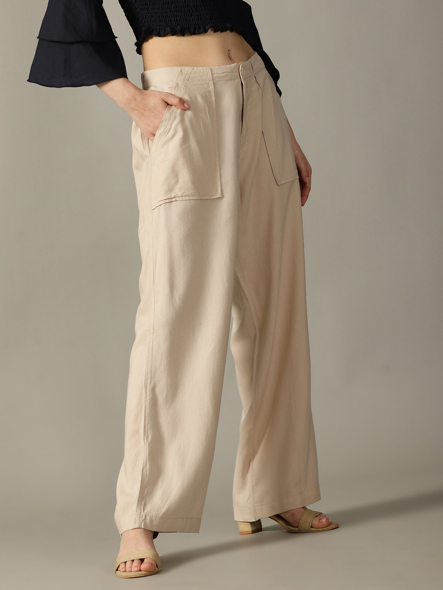 Light Beige Wide Leg Linen Trousers