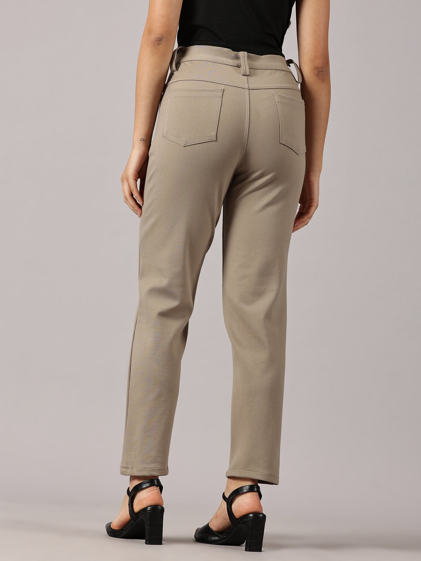 Dark beige solid four pocket stretchable trousers