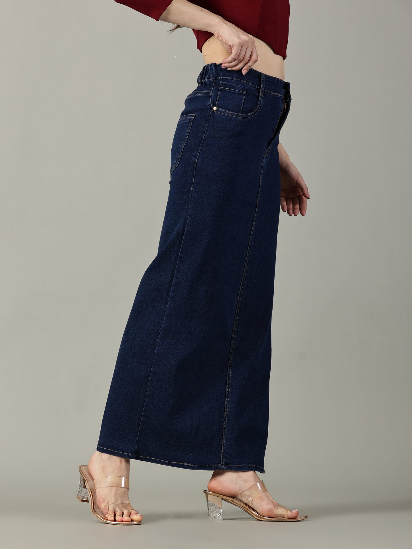 Navy Blue Denim Midi Skirt