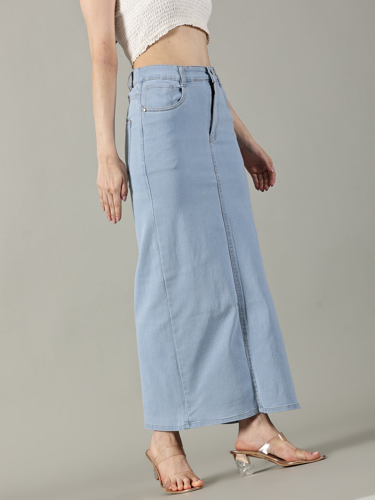 Sky Blue Denim Midi Skirt