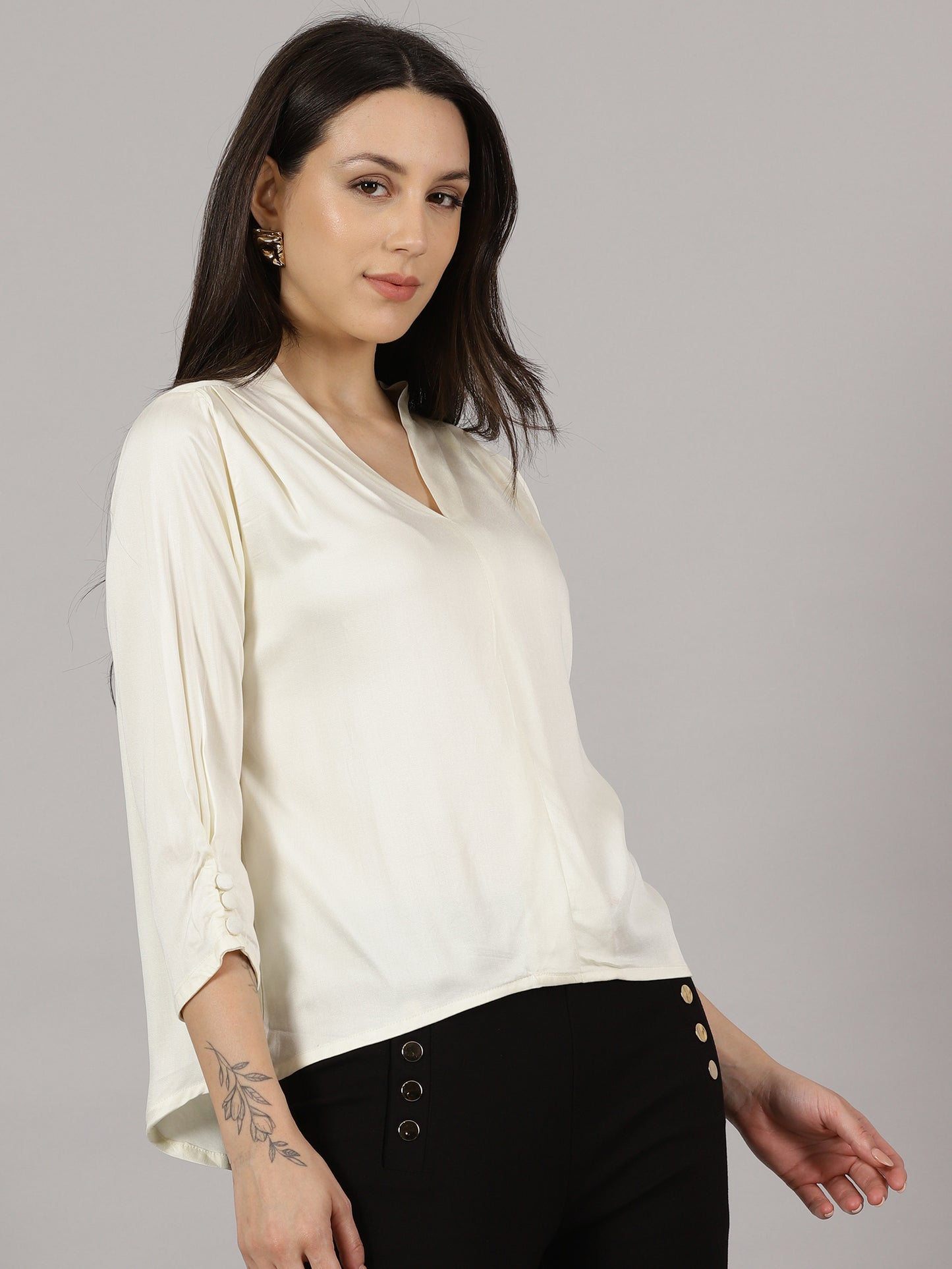 Cream V-Neck Viscose Top