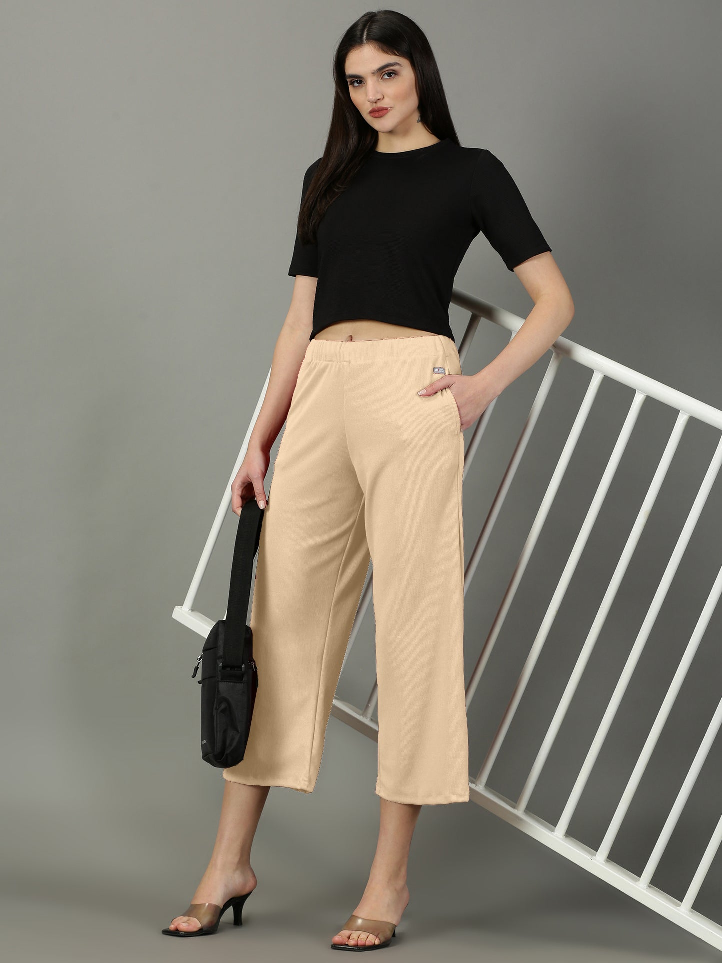 Beige Stretchable Culottes with Pockets