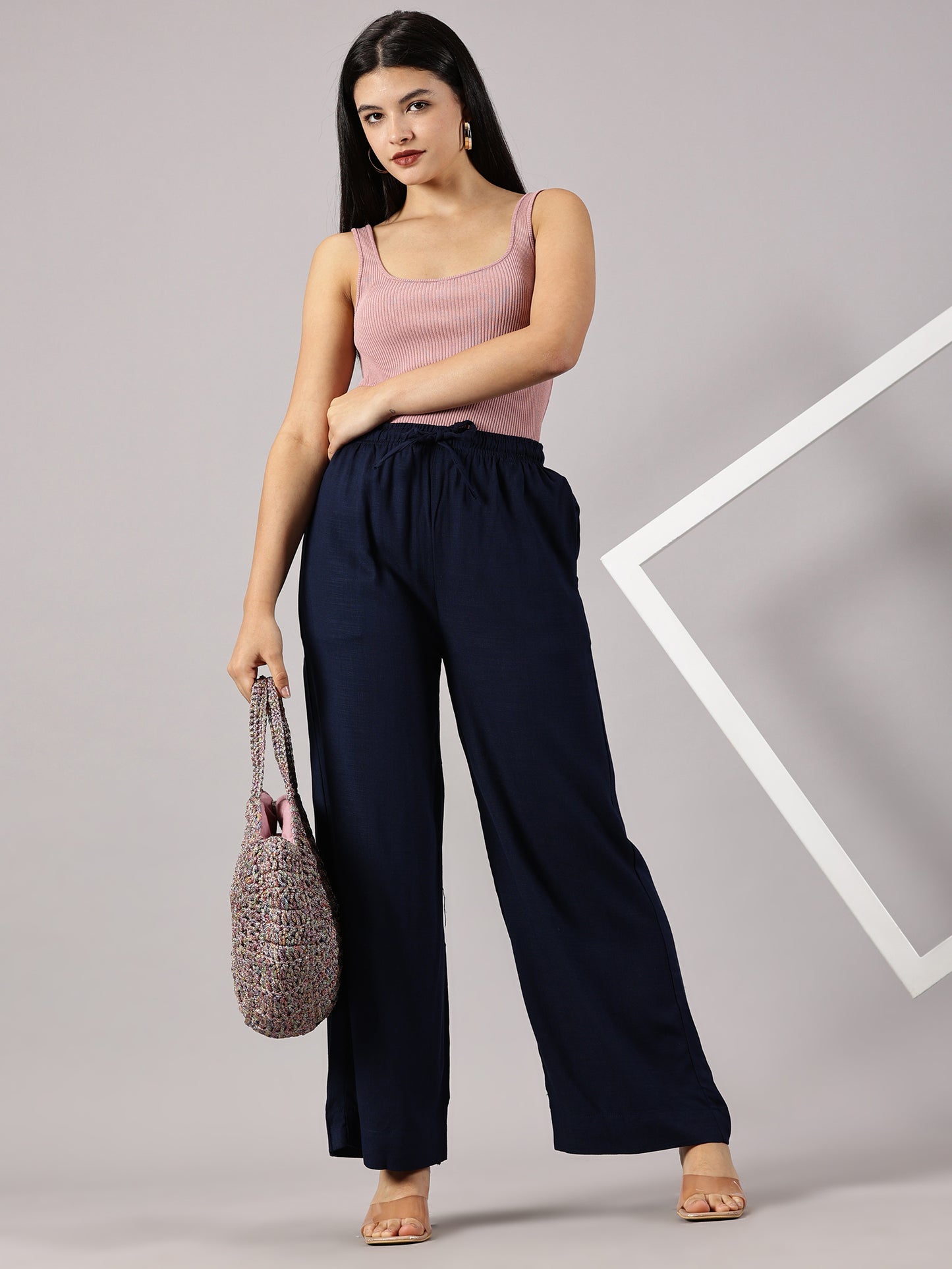 Navy Solid Slub Palazzos