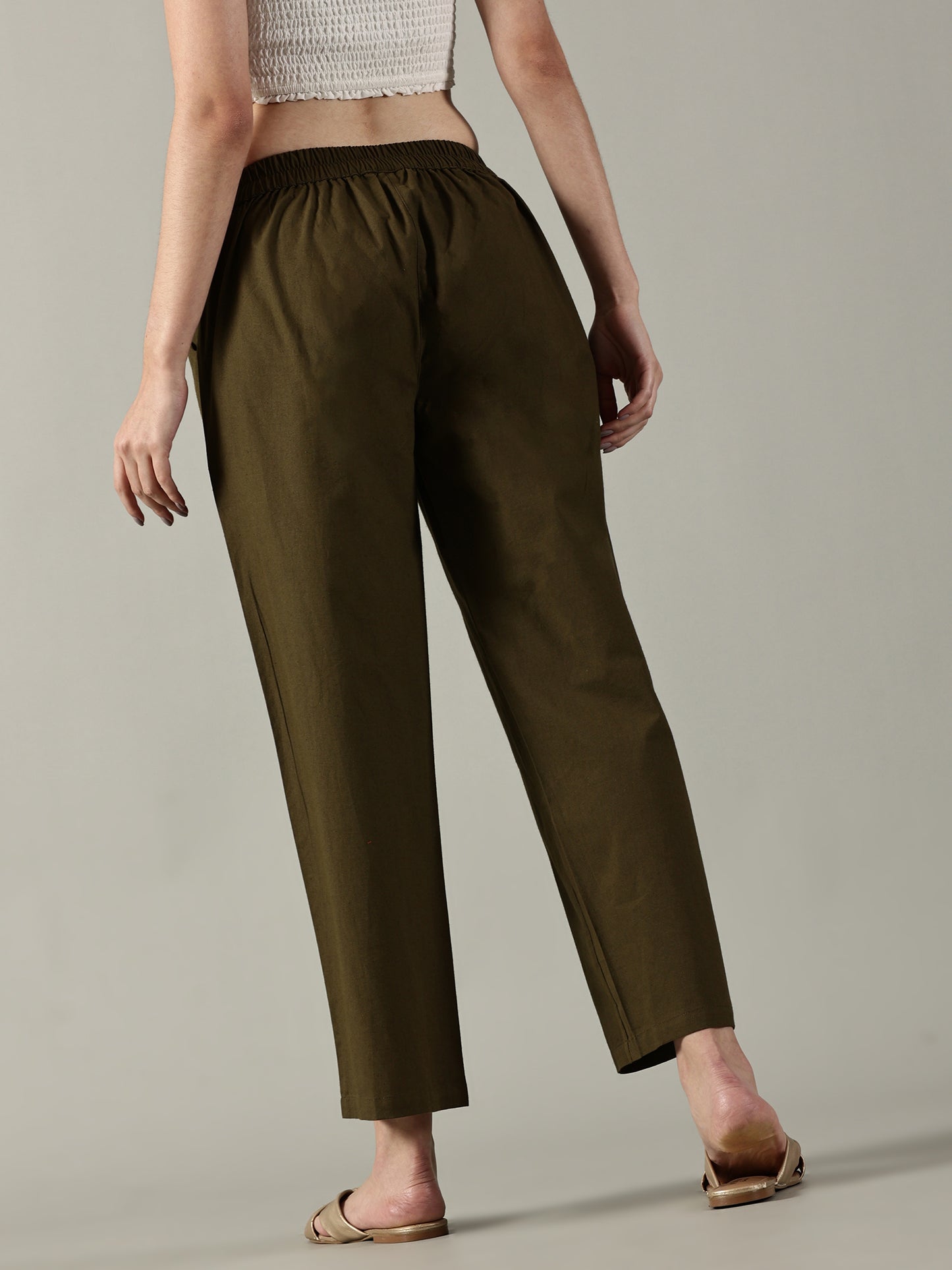 Olive Cotton Wide-Leg Pants