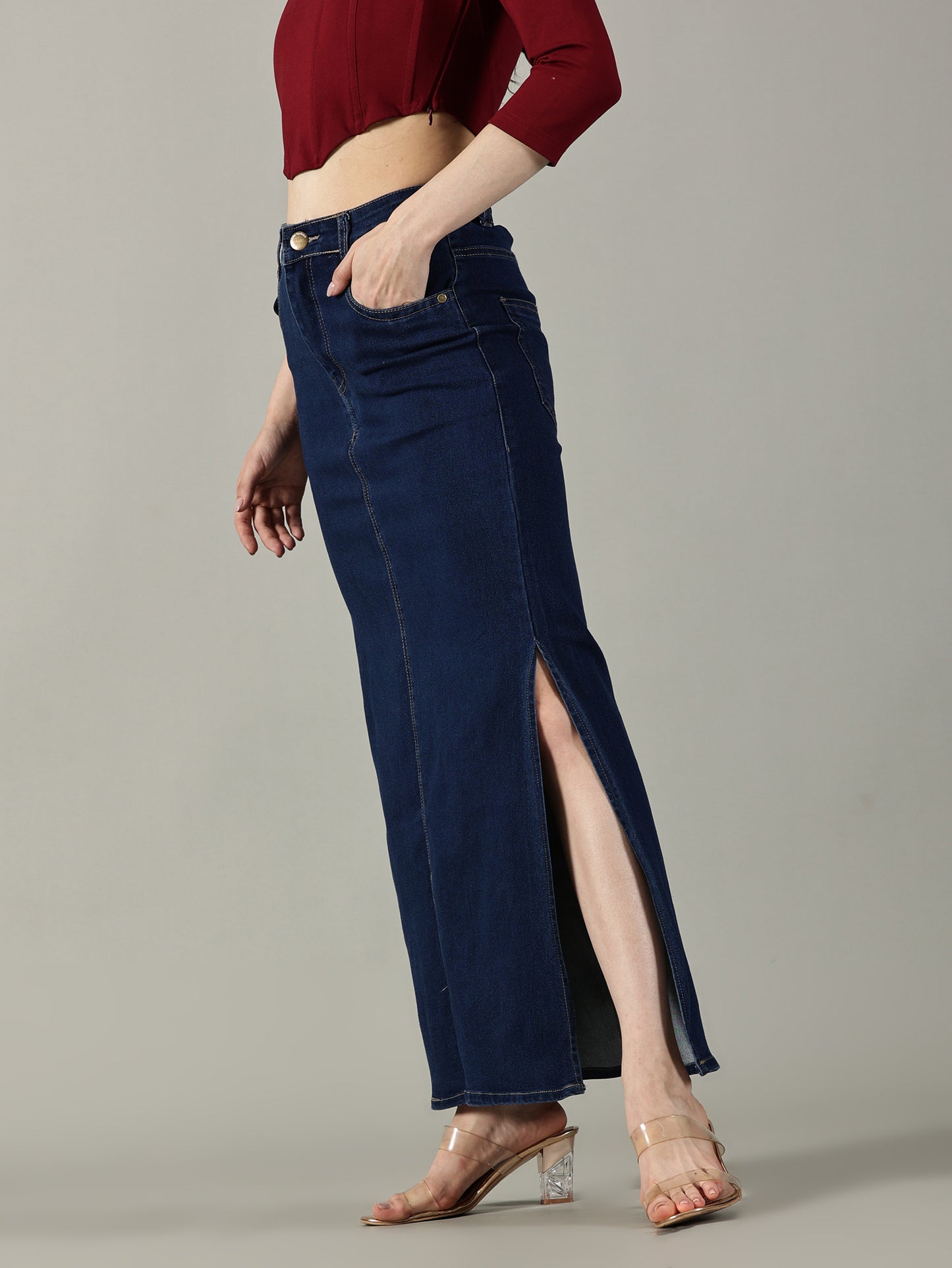 Navy Blue Denim Midi Skirt
