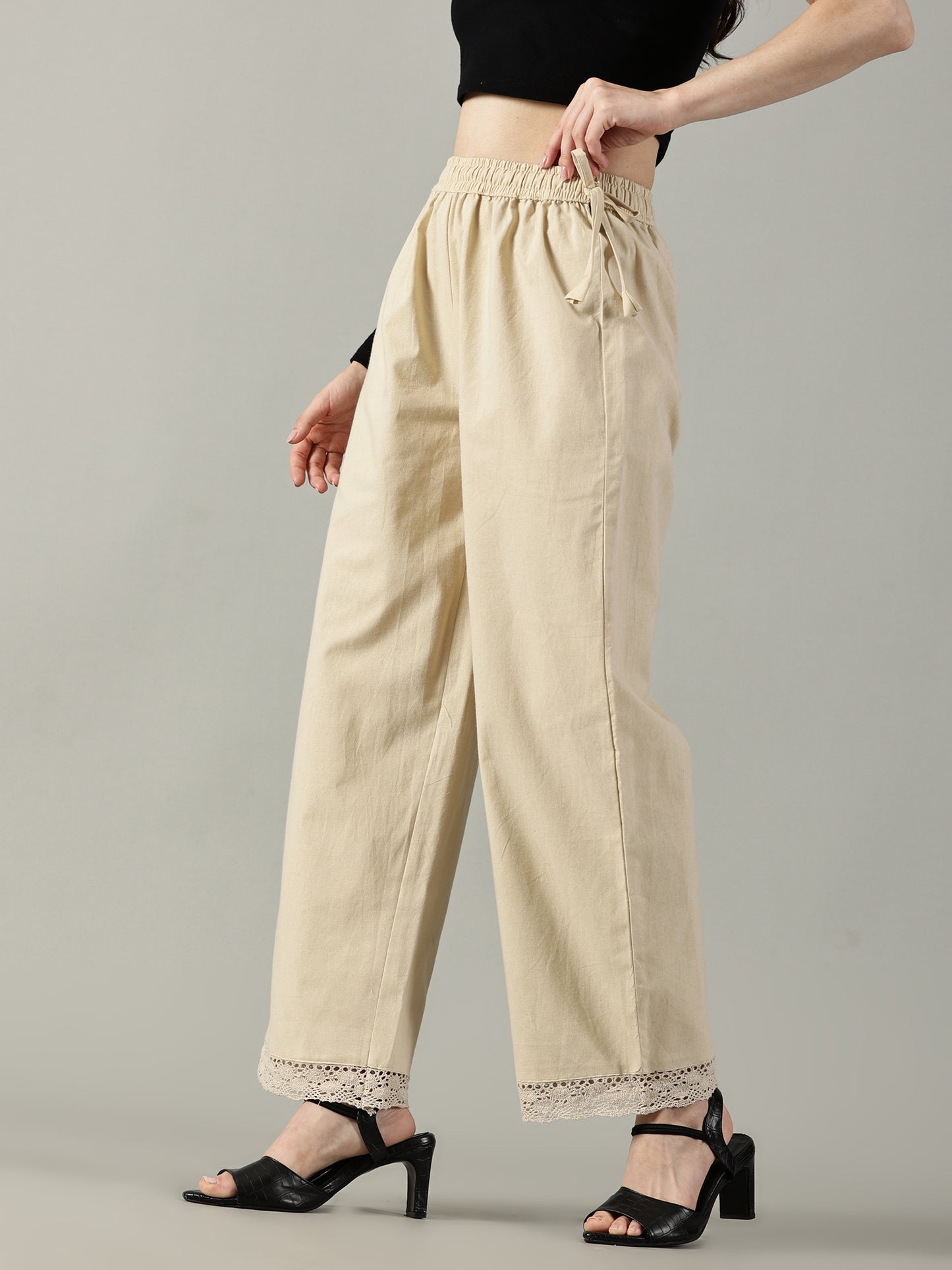Beige White Cotton Crochet Palazzo